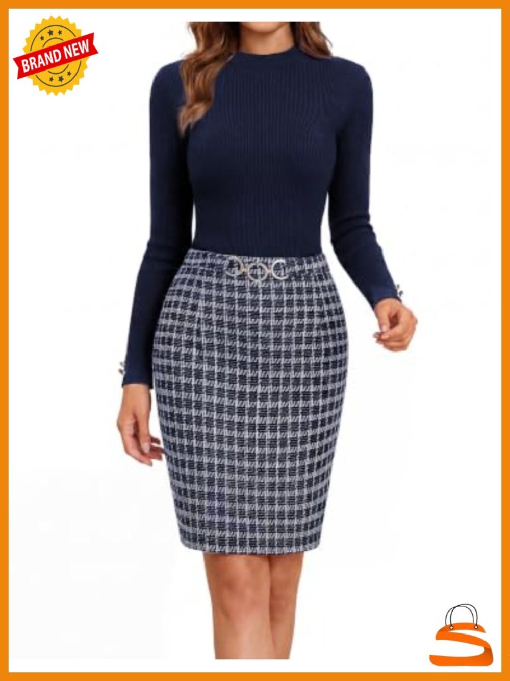 Tweed Knit Pencil Dress Long Sleeve Bodycon Business Work